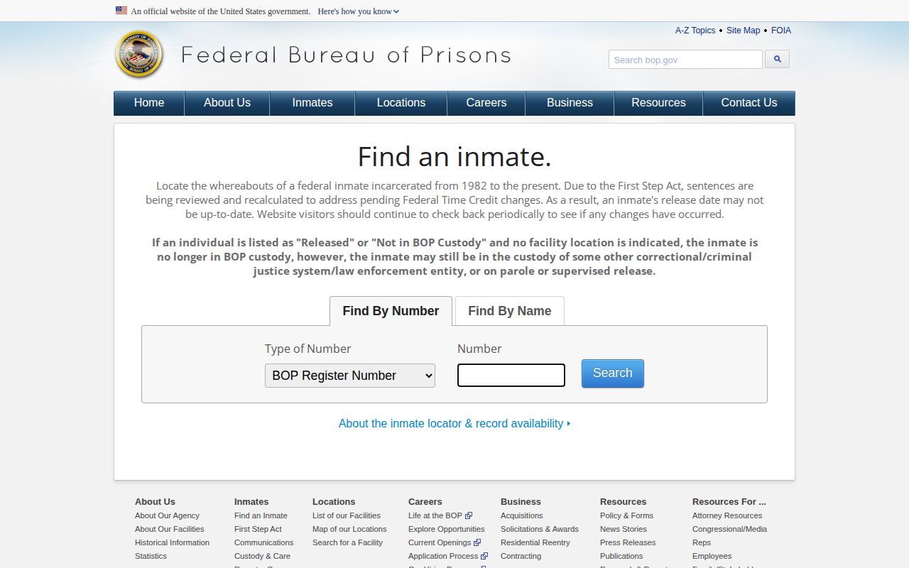 Federal Bureau of Prisons inmate locator search fields, separate from New York county rosters