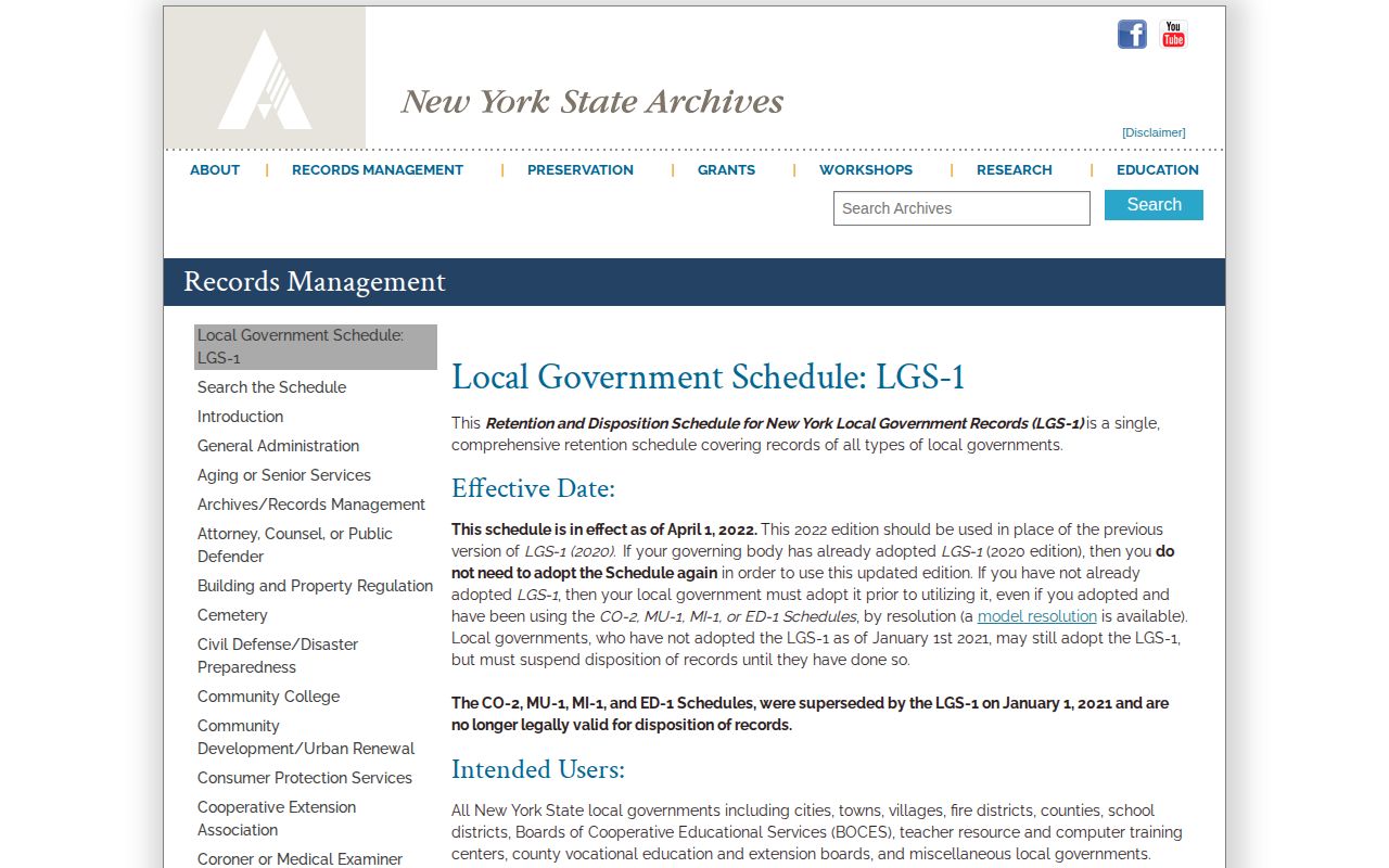 New York local-government retention schedule for law-enforcement incarceration records